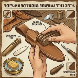 Smoothing and burnishing the raw edges of leather for knife sheath making for a clean finish.