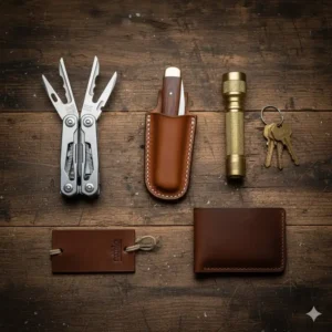 An everyday carry (EDC) setup featuring a brown leather pocket knife sheath and tools.