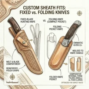 Illustration 6: Comparative view of different sizing and fits for fixed blades or folding custom knife sheaths leather.