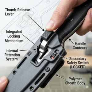 Illustration 6: Close-up illustration of a thumb-release locking mechanism on a modern fixed blade sheath.
