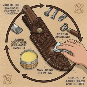 A step-by-step illustration showing how to clean and condition a leather fixed blade knife sheath to maintain its shape and durability.