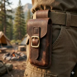 Rugged leather knife case with a belt loop for outdoor camping and hunting.
