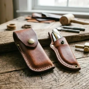 A specialized snap-closure pouch style of leather sheaths for knives for folding tools.