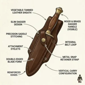 Slim vertical-carry leather sheath designed for a double-edged dagger blade.