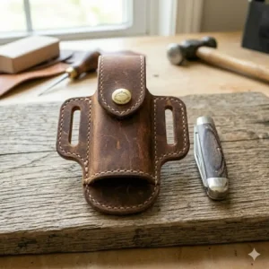 Vintage style distressed leather folding knife sheath featuring a rustic patina.