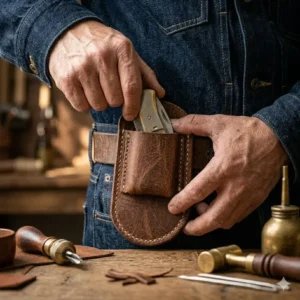 A person drawing a blade from a leather knife holder during a camping trip.