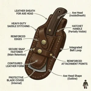 Protective leather sheath with snap fasteners designed to fit a small camping hatchet head.