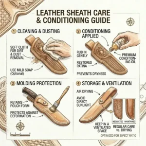 Illustration 7: A step-by-step maintenance guide for cleaning and conditioning custom knife sheaths leather.