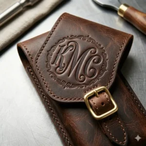 A personalized leather knife case with custom initials engraved on the front cover.