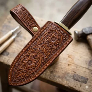 Illustration 7: An artistic illustration of a custom-tooled fixed blade sheath with intricate floral patterns.