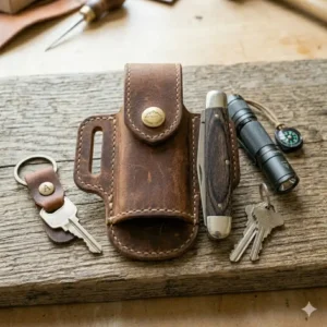 Every day carry (EDC) arrangement featuring a leather folding knife sheath, flashlight, and keys.