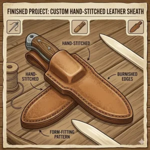 A completed, hand-stitched project using high-quality leather for knife sheath making.