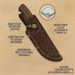 Illustration of different retention methods for a leather fixed blade knife sheath featuring a snap strap and a deep friction fit design