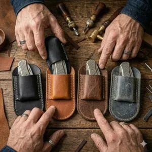 An array of leather knife holder options in black, tan, and dark chocolate finishes.
