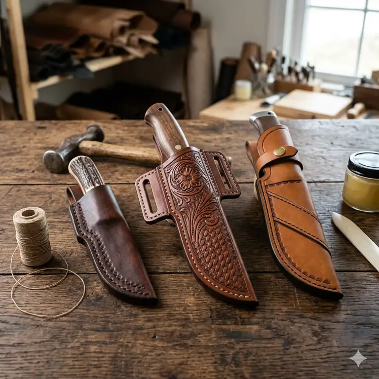 A professional showcase of high-quality custom leather knife scabbards on a wooden workbench.