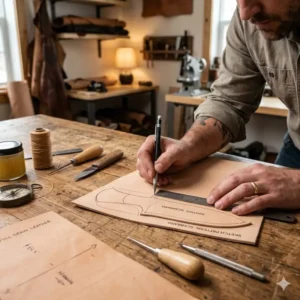 A craftsman drawing a new template for handmade custom leather knife scabbards.