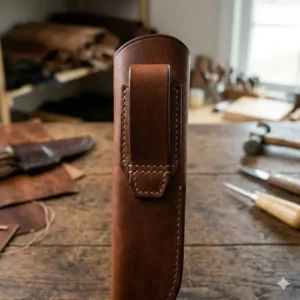 Detailed view of the reinforced belt loop attachment on custom leather knife scabbards.