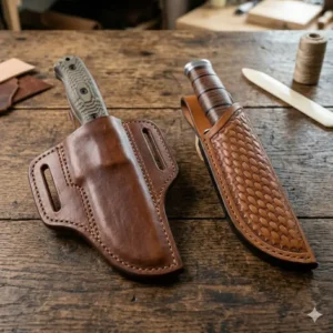 An illustration showing different shapes and styles of custom leather knife scabbards.