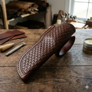 Decorative basketweave stamping and hand-tooling on custom leather knife scabbards.