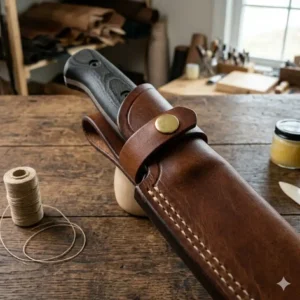 A functional safety strap with a brass snap on heavy-duty custom leather knife scabbards.