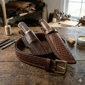 A complete set featuring a matching utility belt and custom leather knife scabbards.