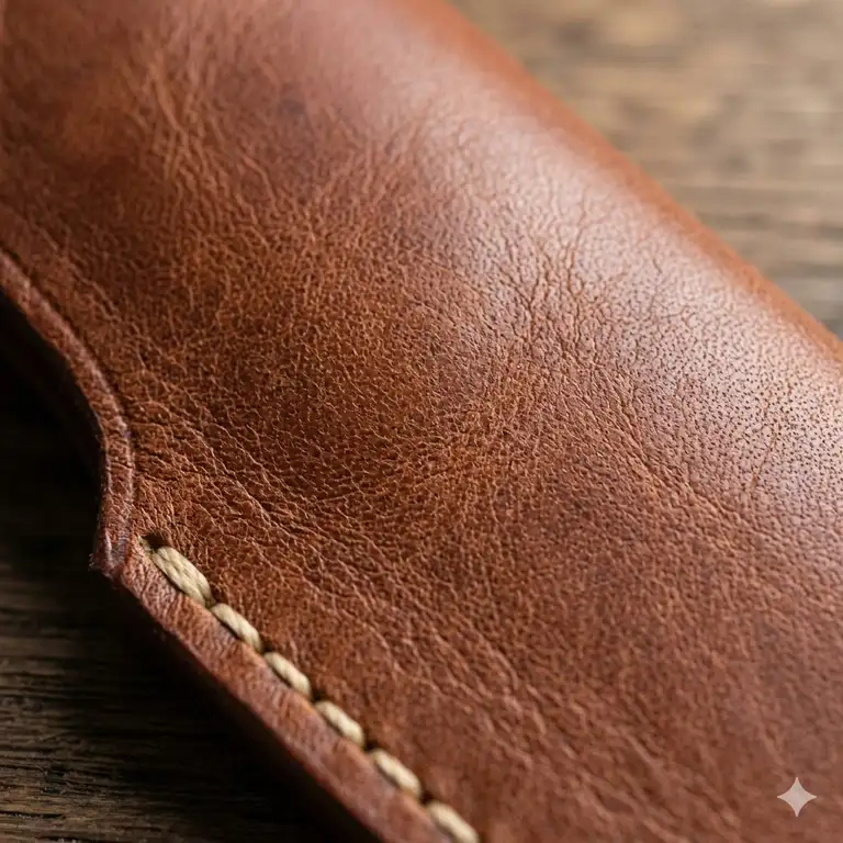 A premium handcrafted fixed blade leather sheath with decorative stitching on a wooden background.