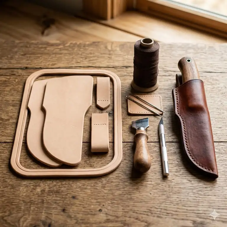 A comprehensive leather knife sheath kit including pre-cut leather, waxed thread, needles, and a finished brown leather sheath.
