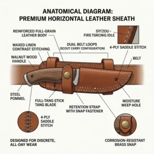 Illustration 1: Technical anatomical diagram showing the construction and stitching of horizontal knife sheaths.
