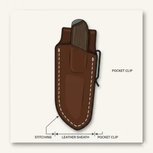 Minimalist front view illustration of a slim fixed blade pocket sheath with reinforced stitching.