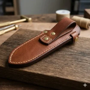 Close-up of the natural texture on a full-grain fixed blade leather sheath.