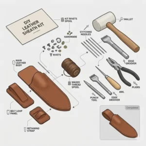 Detailed exploded view diagram showing every individual part included in high-quality knife sheath kits.