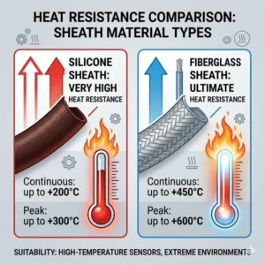 A technical comparison chart showing the maximum temperature limits for different types of sheath material.