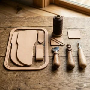 Overhead view of all tools and materials included in a DIY leather knife sheath kit.