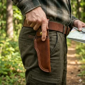 A person wearing a leather knife holster while hiking in the woods for quick access.