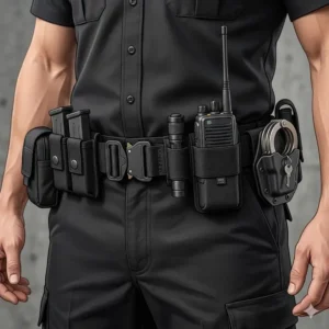 Illustration of a complete police duty security belts with modular attachments for handcuffs, radio, and flashlight.