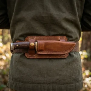 Close-up of a fixed blade horizontal knife sheath worn in the scout carry position on the small of the back.