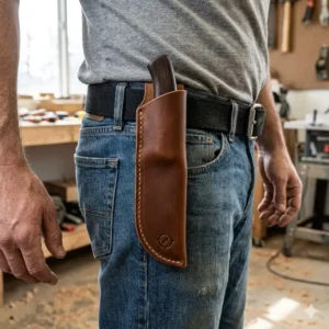 A person wearing a durable leather knife pouch attached to a leather belt.
