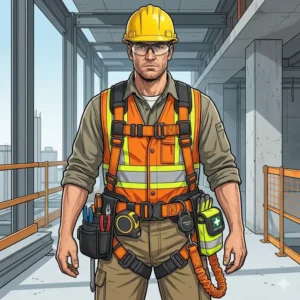 High-visibility industrial security belts used for fall protection and worker safety on high-rise construction sites.