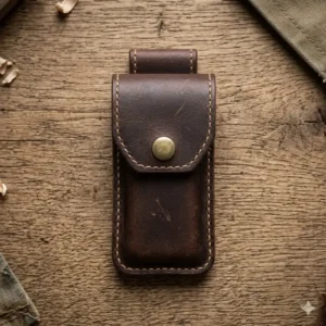 Top-down view of a folding pocket knife tucked into a slim leather knife pouch.