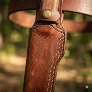 Detailed view of the high-quality full-grain leather knife holster showing durable stitching.