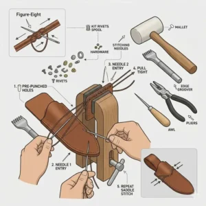 Step-by-step technical drawing demonstrating the saddle stitching process for handmade knife sheath kits.