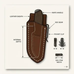 Technical diagram showing the internal depth and width of a fixed blade pocket sheath for EDC gear.