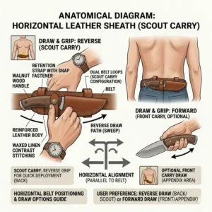 User guide illustration showing the back and front carry positions for horizontal knife sheaths.