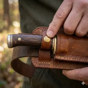Detailed view of the secure snap-button retention strap on a fixed blade horizontal knife sheath.