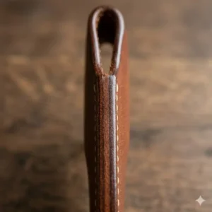Side view showing the durable welt construction of a fixed blade leather sheath.