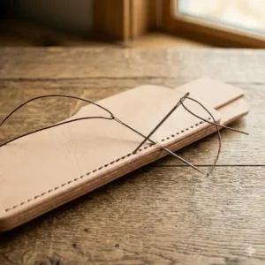Close-up illustration of saddle stitching using materials from a leather knife sheath kit.