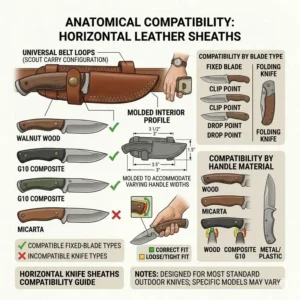 Illustration 3: Compatibility chart detailing which blade shapes and handle materials fit into horizontal knife sheaths.