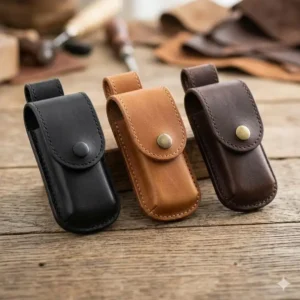 Three custom leather knife pouch options in black, tan, and dark chocolate leather