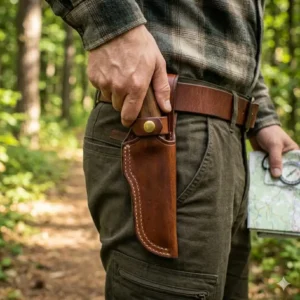 A horizontal scout-carry leather knife holster positioned on the back of a belt for EDC.