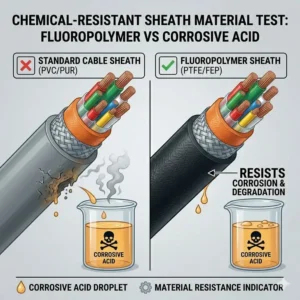 A laboratory test illustration demonstrating how fluoropolymer sheath material resists corrosive chemical acid.
